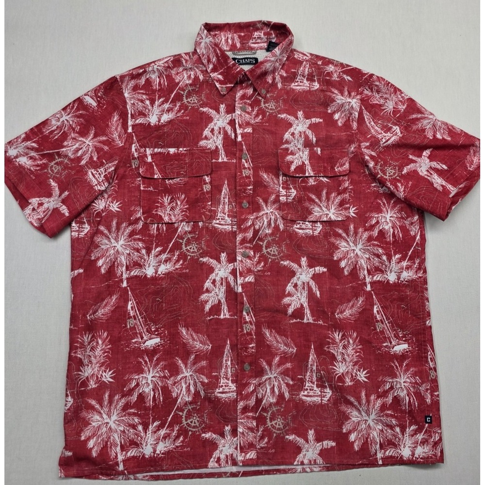 CHAPS Tropical Button Up Shirt XL Red White Palm Tree Nautical Print‎ Mesh Lined